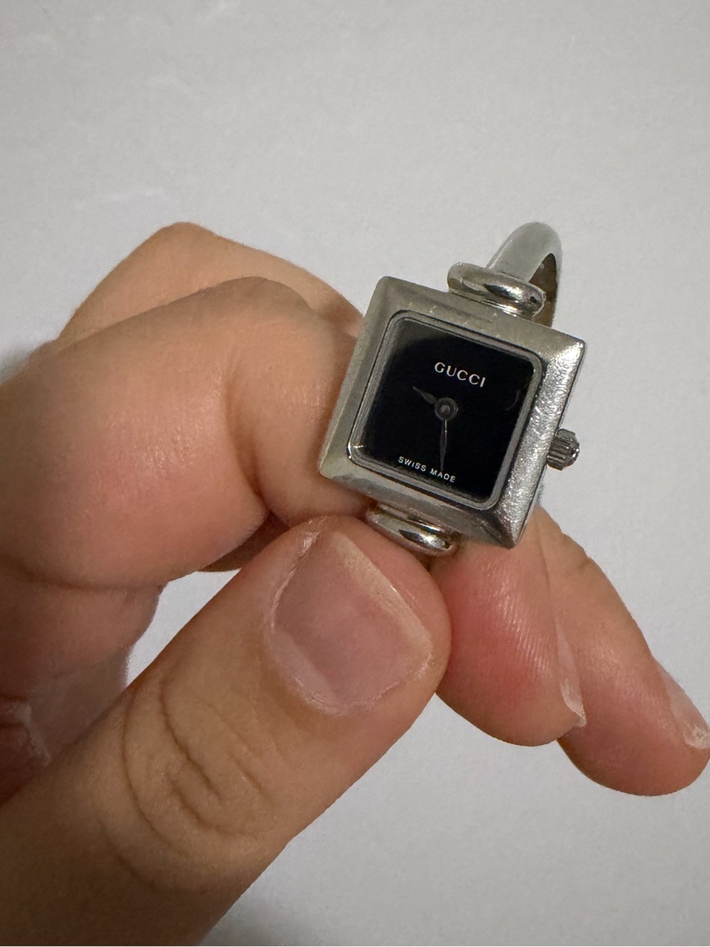 Gucci Silver Black Square Dial Ring Bracelet Watch